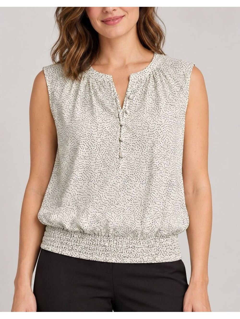 LOFT Womens Medium Ivory Black Dotted Sleeveless Blouse Smocked Hem Button Top